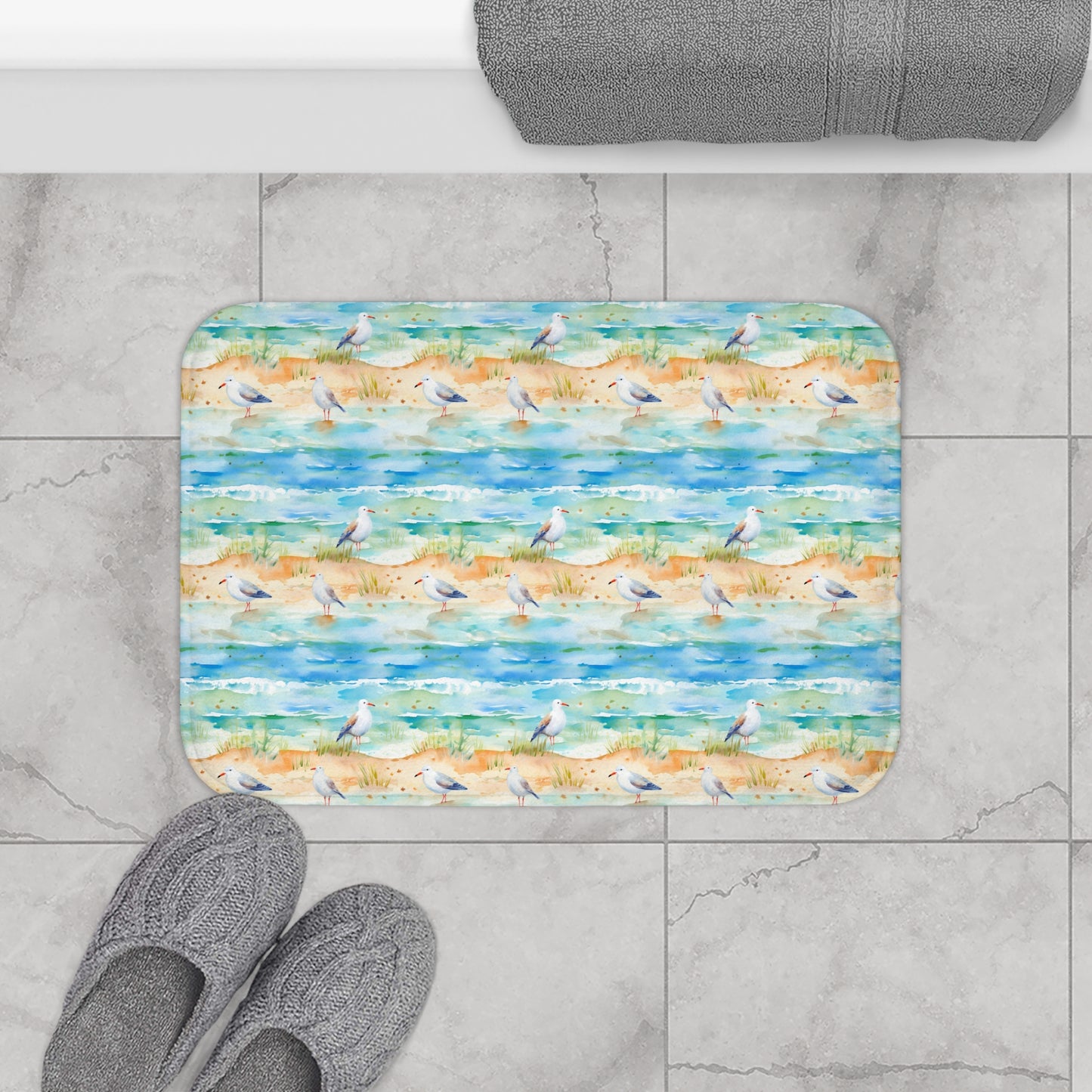 Coastal Beach Scene Bath Mat
